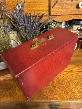 1940’s Faux Alligator Train Case Red Storage Box with mirror for rustic display